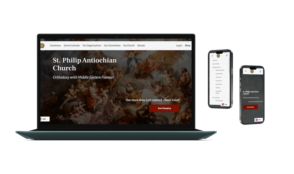 Church website in phone and laptop mockups